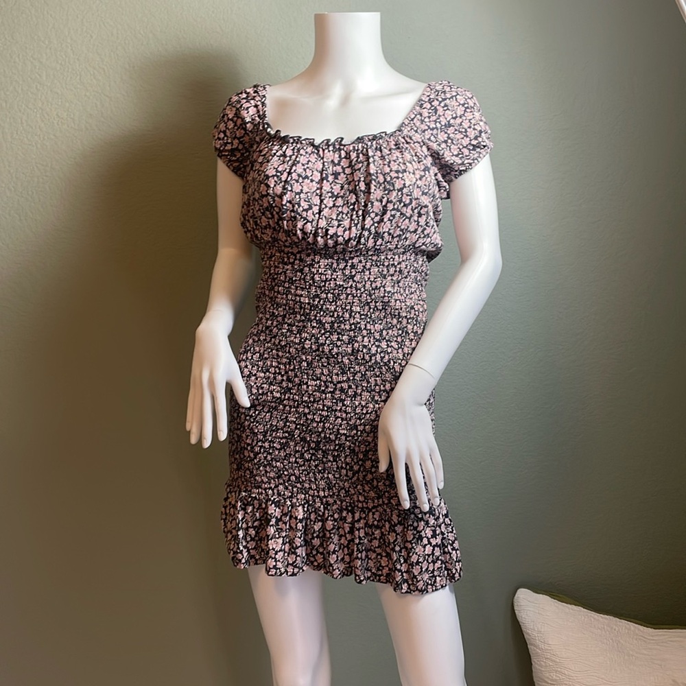 Feminine, smocked, floral, mini dress. Garden party, cottagecore, Y2K